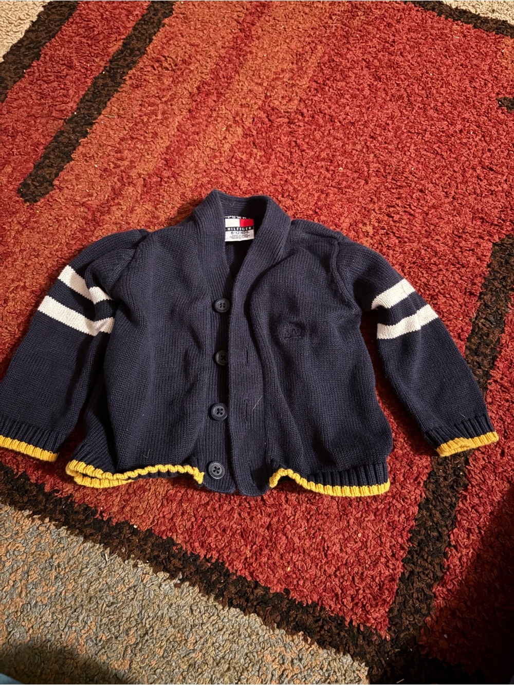 Tommy Hilfiger Navy Knit Cardigan with White Sleeve Stripes and Yellow Trim